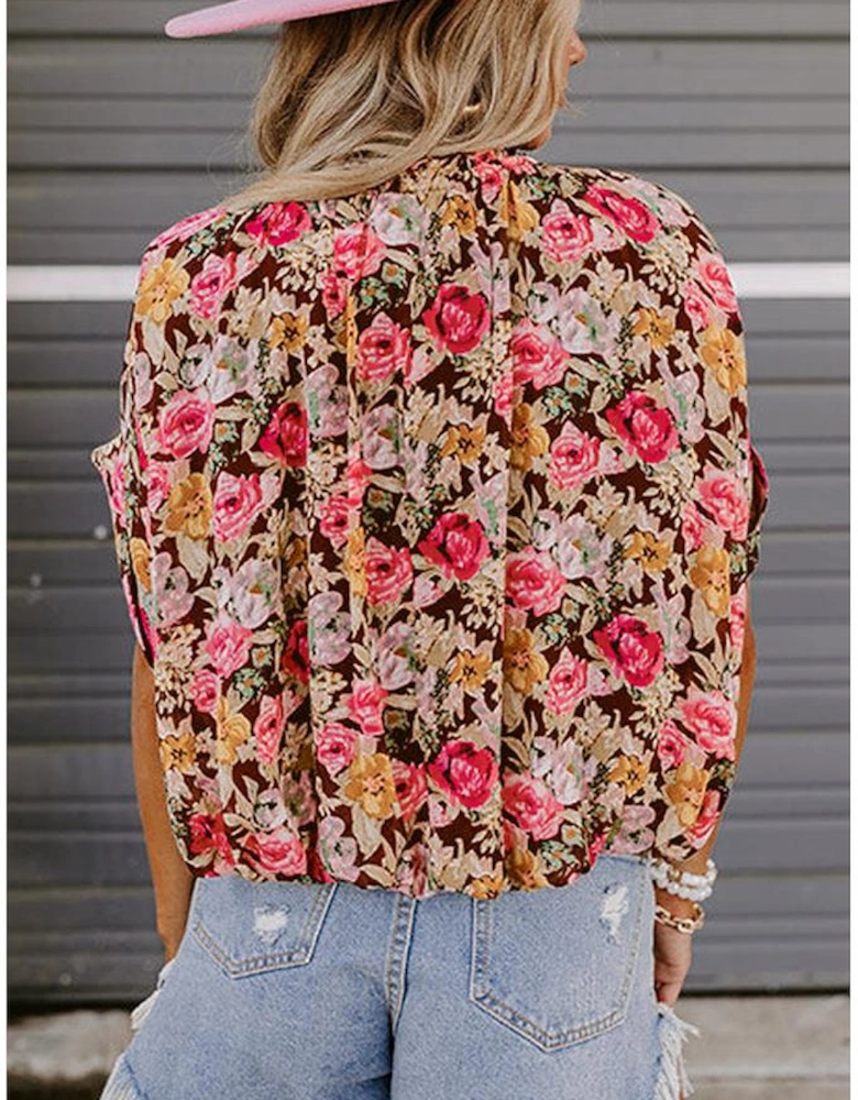 Pink Floral Print Crew Neck Short Sleeve Shift Blouse