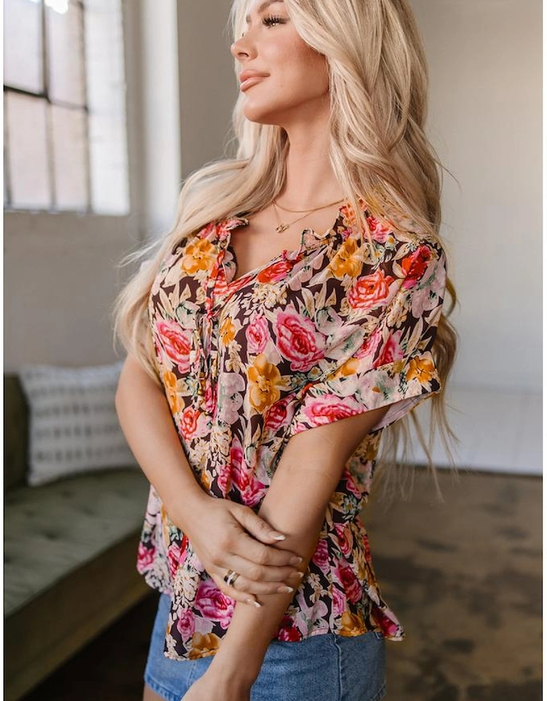 Pink Floral Print Crew Neck Short Sleeve Shift Blouse