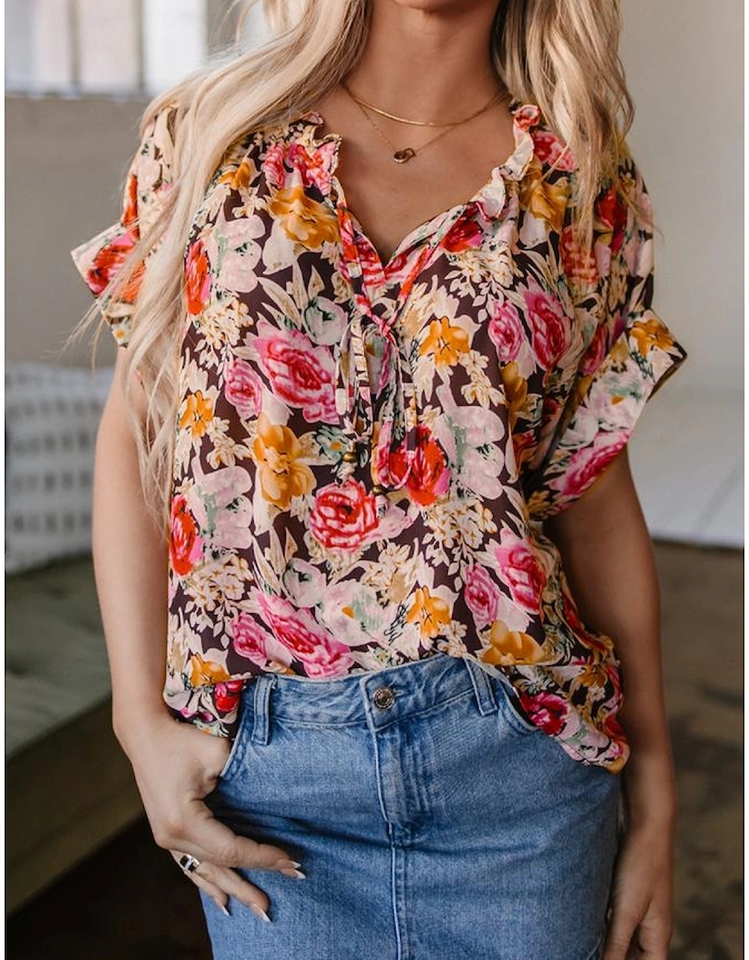 Pink Floral Print Crew Neck Short Sleeve Shift Blouse