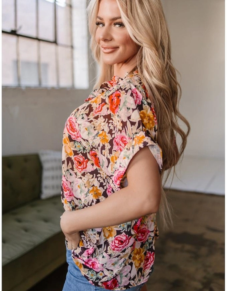 Pink Floral Print Crew Neck Short Sleeve Shift Blouse