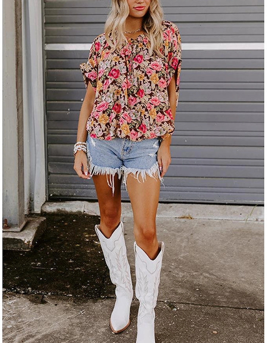 Pink Floral Print Crew Neck Short Sleeve Shift Blouse