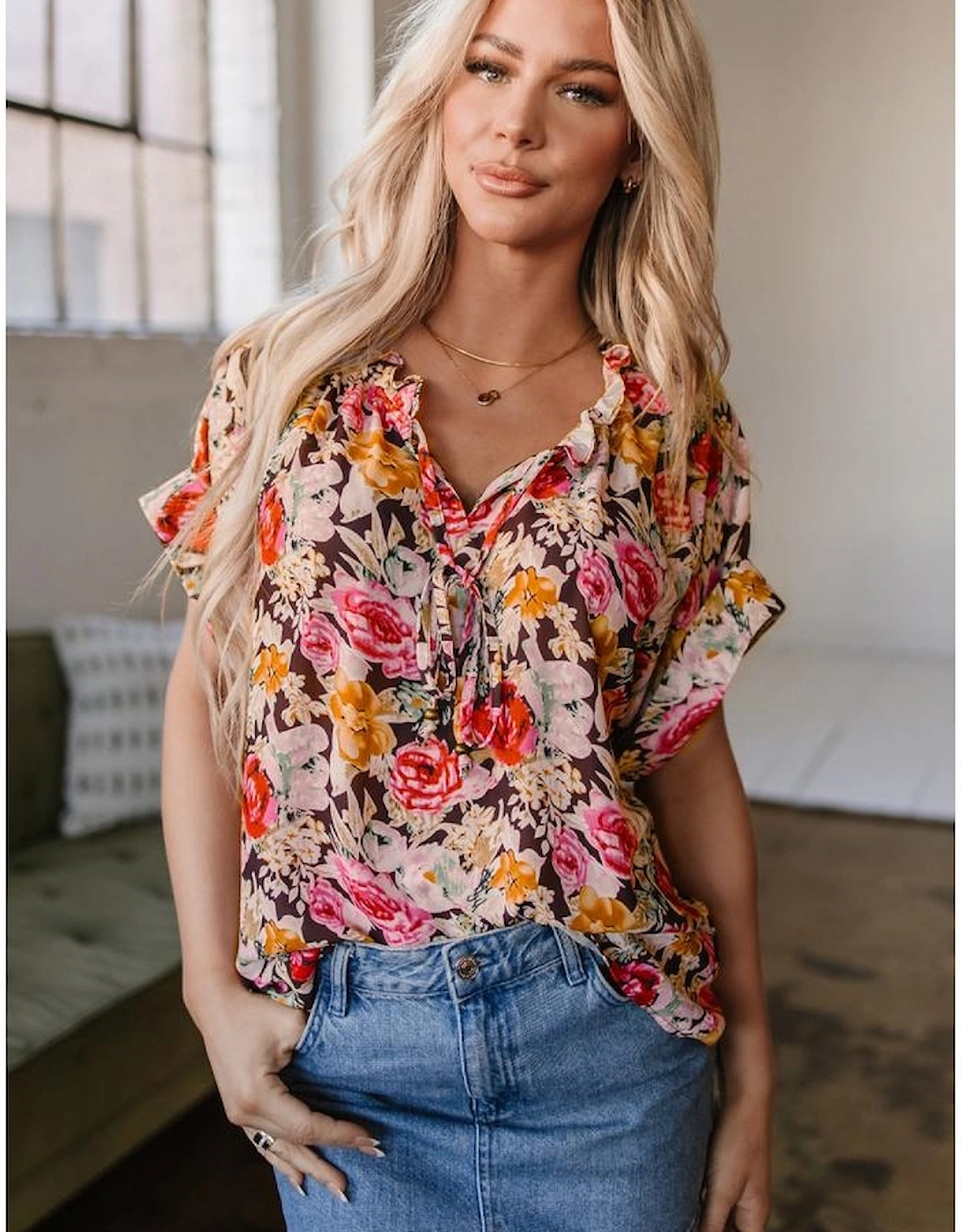 Pink Floral Print Crew Neck Short Sleeve Shift Blouse