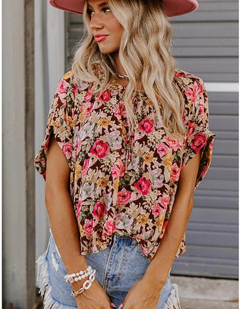 Pink Floral Print Crew Neck Short Sleeve Shift Blouse