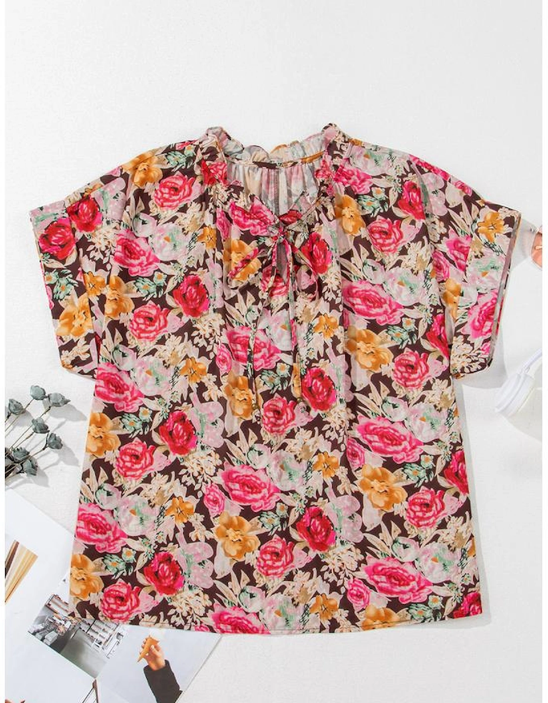 Pink Floral Print Crew Neck Short Sleeve Shift Blouse