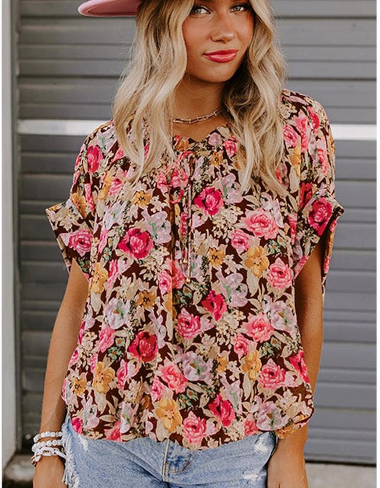 Pink Floral Print Crew Neck Short Sleeve Shift Blouse
