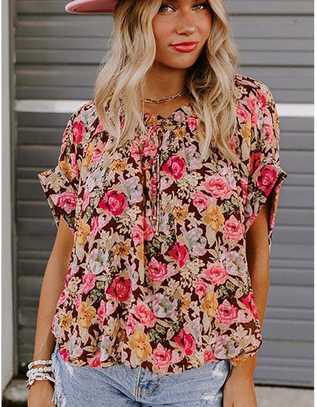 Pink Floral Print Crew Neck Short Sleeve Shift Blouse