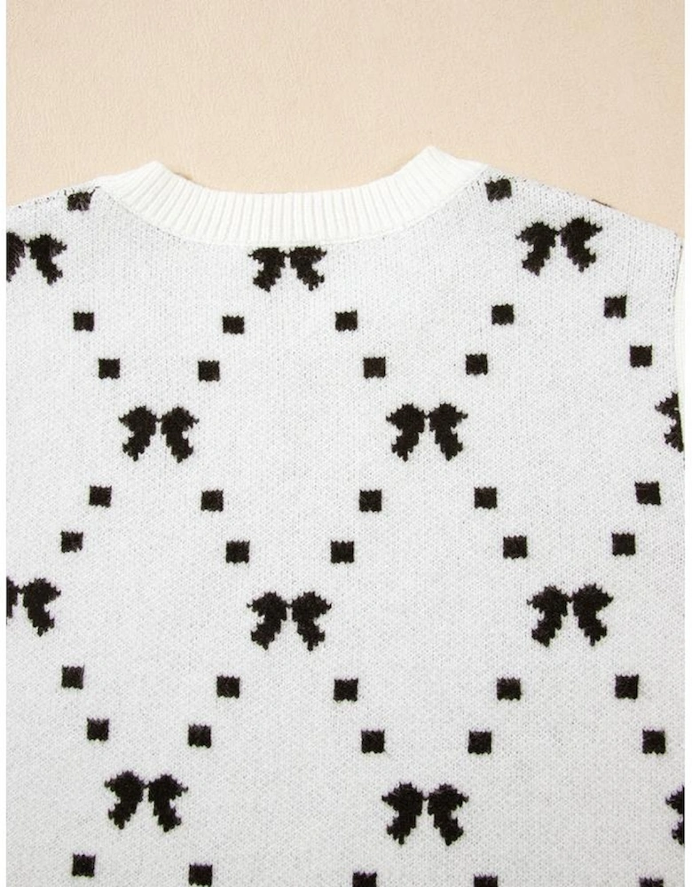 White Bow Pattern Buttoned Side Cropped Sweater Vest
