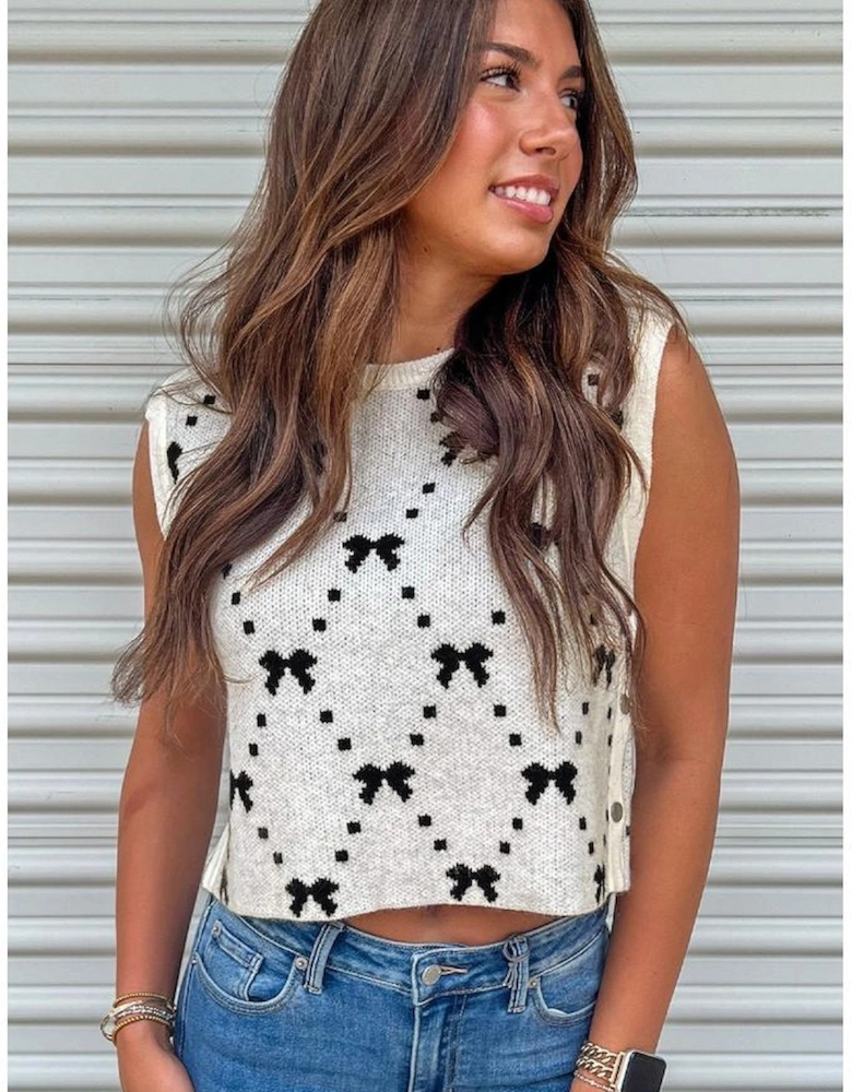 White Bow Pattern Buttoned Side Cropped Sweater Vest