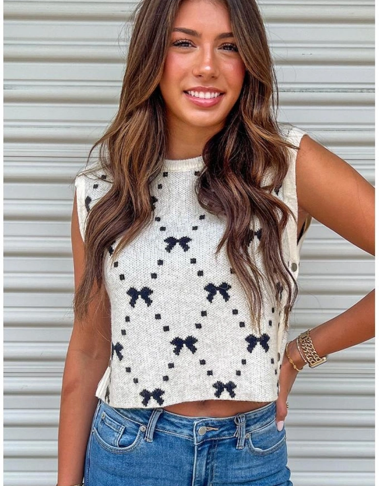 White Bow Pattern Buttoned Side Cropped Sweater Vest