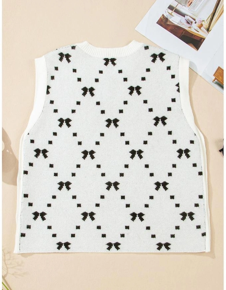 White Bow Pattern Buttoned Side Cropped Sweater Vest