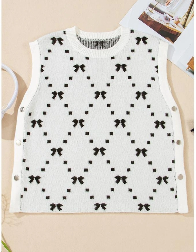 White Bow Pattern Buttoned Side Cropped Sweater Vest