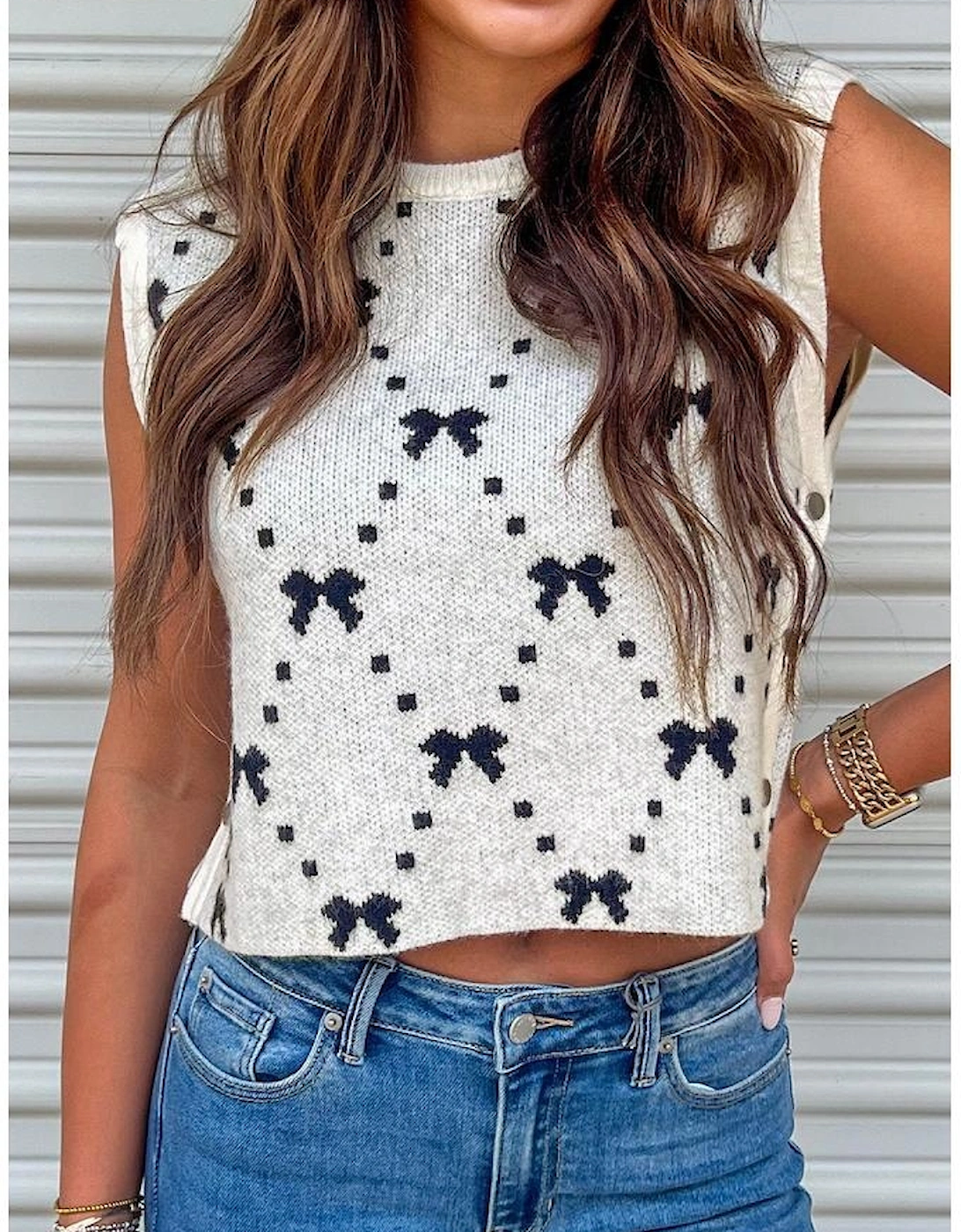 White Bow Pattern Buttoned Side Cropped Sweater Vest, 14 of 13