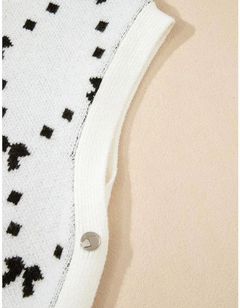 White Bow Pattern Buttoned Side Cropped Sweater Vest
