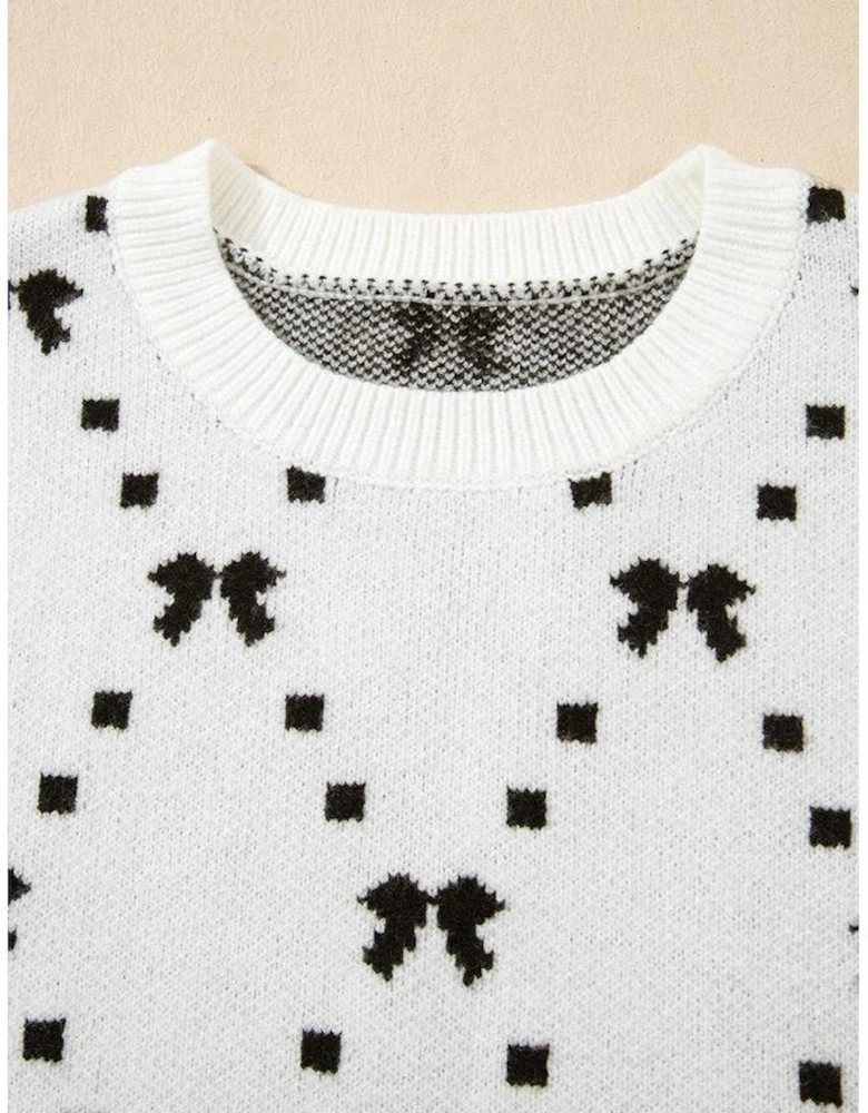 White Bow Pattern Buttoned Side Cropped Sweater Vest