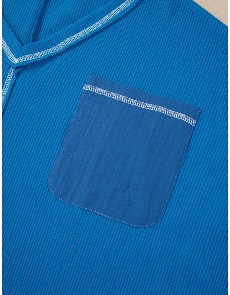 Sky Blue Lace Floral Patchwork Sleeve Stitching V Neck Rib Knit Blouse