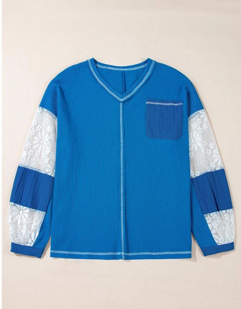 Sky Blue Lace Floral Patchwork Sleeve Stitching V Neck Rib Knit Blouse