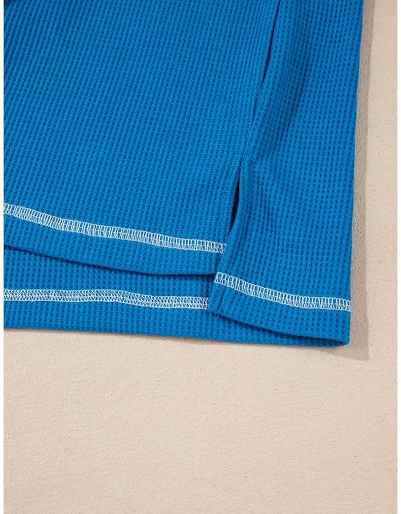 Sky Blue Lace Floral Patchwork Sleeve Stitching V Neck Rib Knit Blouse