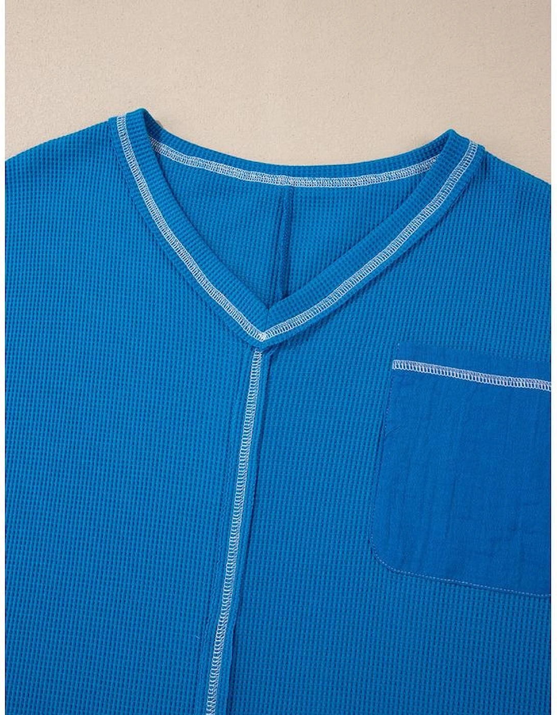 Sky Blue Lace Floral Patchwork Sleeve Stitching V Neck Rib Knit Blouse