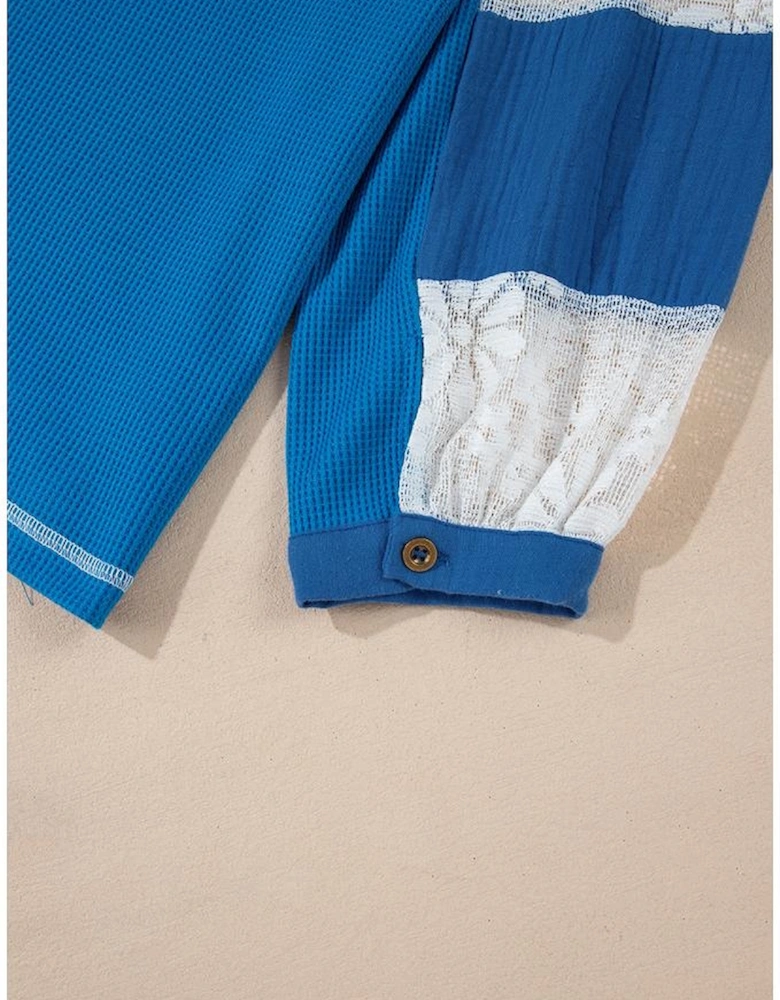 Sky Blue Lace Floral Patchwork Sleeve Stitching V Neck Rib Knit Blouse