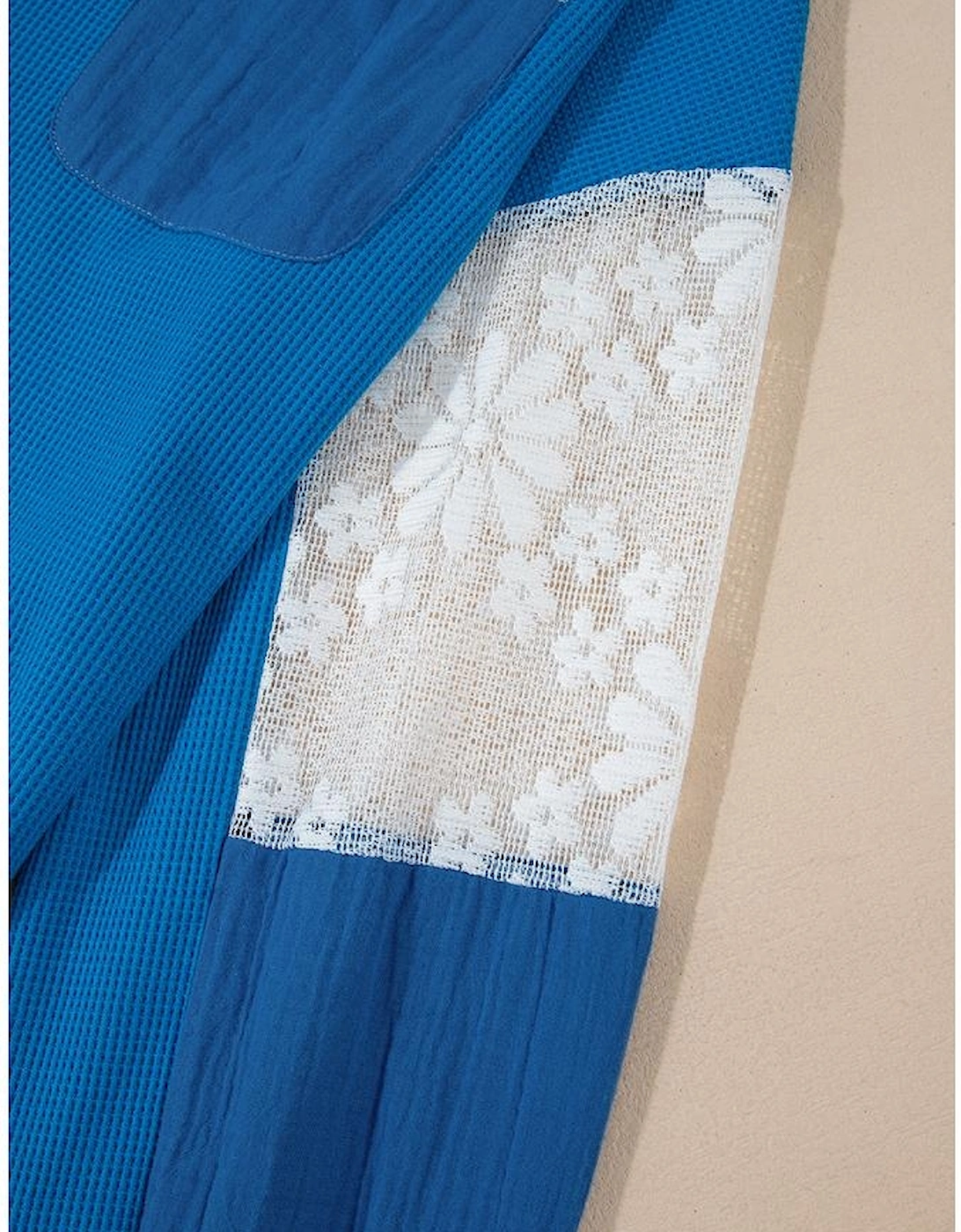 Sky Blue Lace Floral Patchwork Sleeve Stitching V Neck Rib Knit Blouse