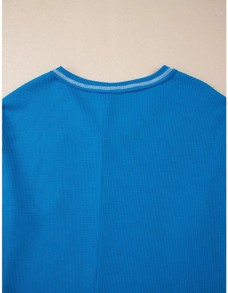 Sky Blue Lace Floral Patchwork Sleeve Stitching V Neck Rib Knit Blouse