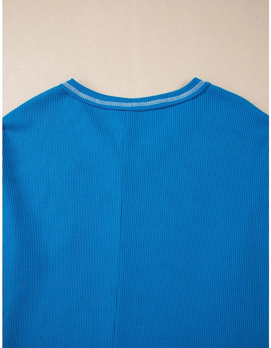 Sky Blue Lace Floral Patchwork Sleeve Stitching V Neck Rib Knit Blouse