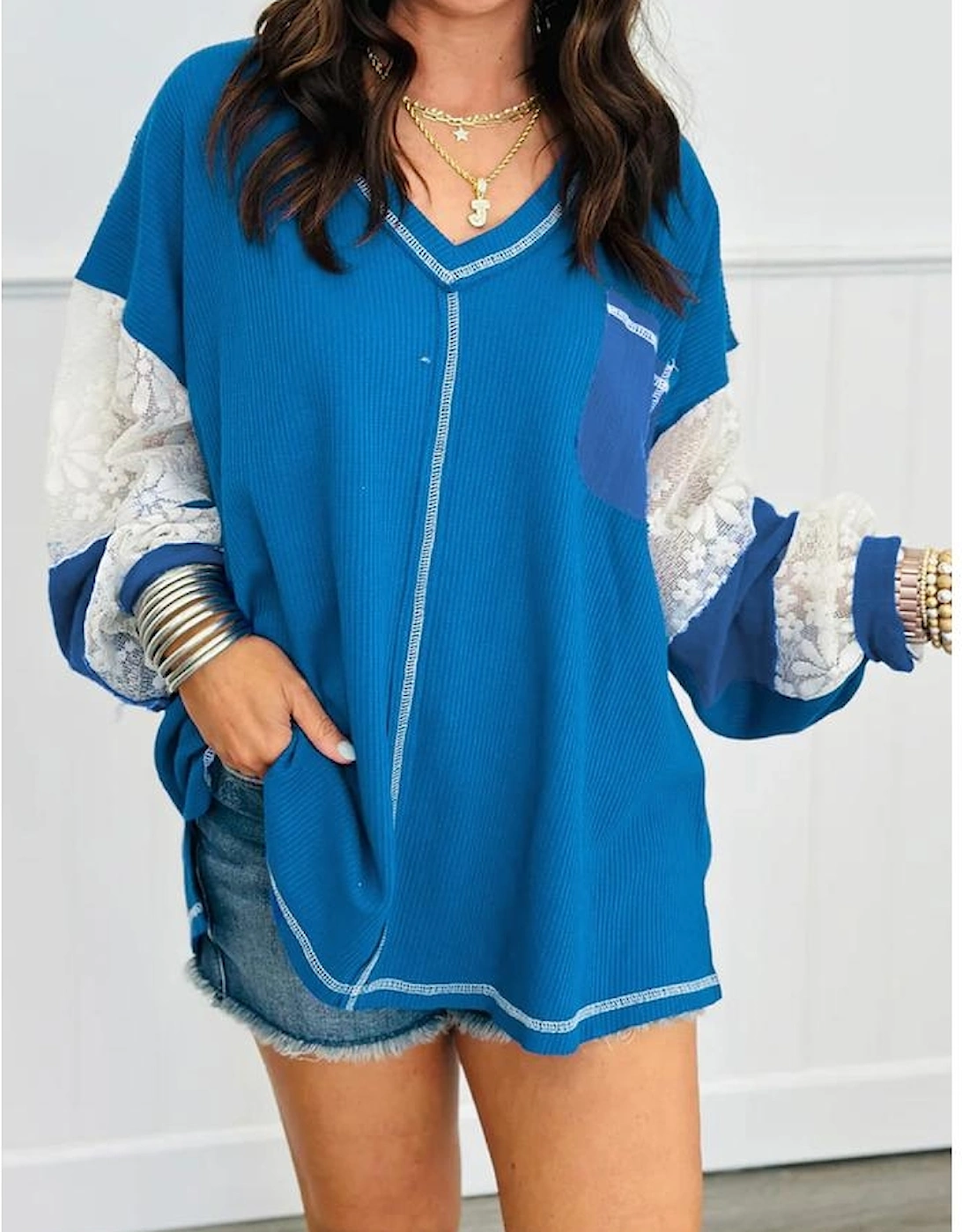 Sky Blue Lace Floral Patchwork Sleeve Stitching V Neck Rib Knit Blouse