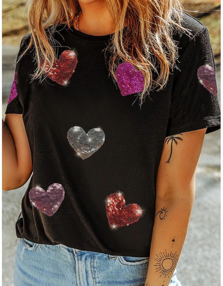Black Sequin Heart Patched Pattern Crewneck Valentines Tee