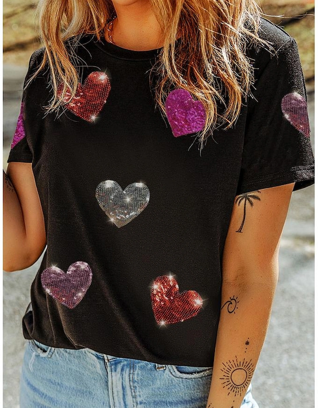Black Sequin Heart Patched Pattern Crewneck Valentines Tee
