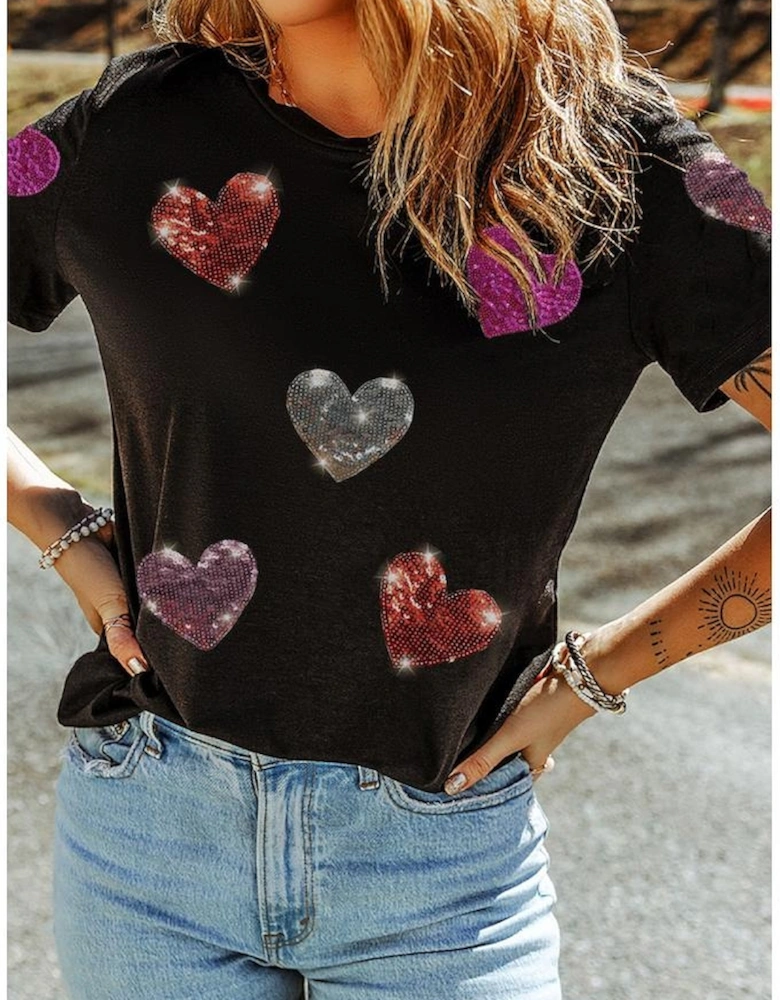 Black Sequin Heart Patched Pattern Crewneck Valentines Tee