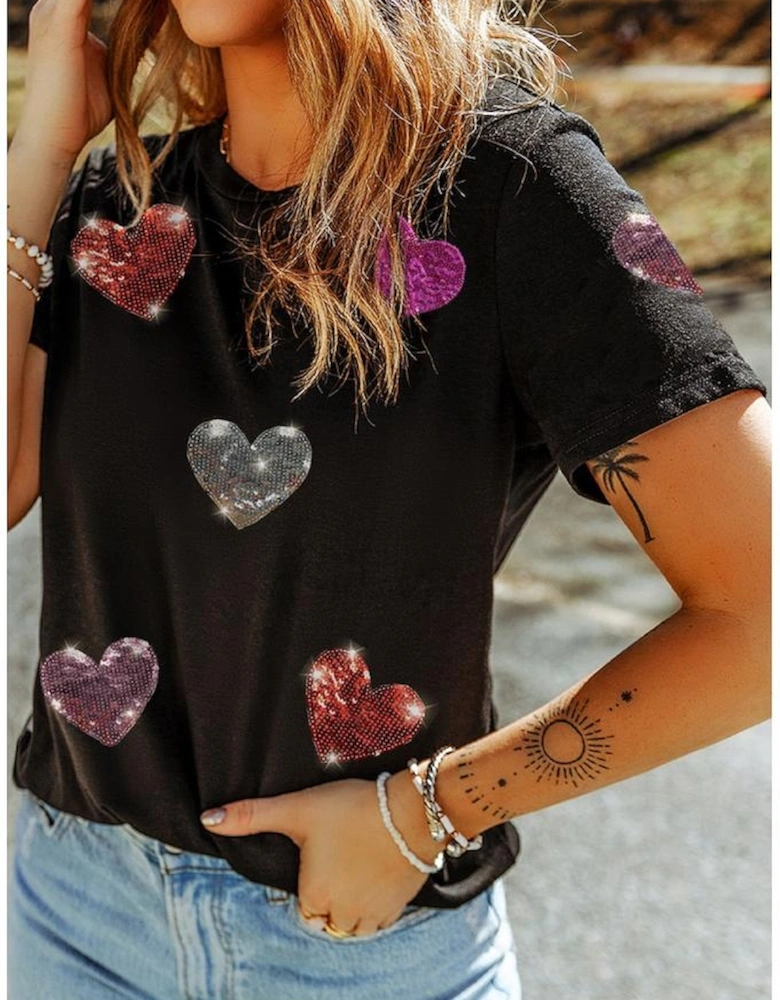 Black Sequin Heart Patched Pattern Crewneck Valentines Tee