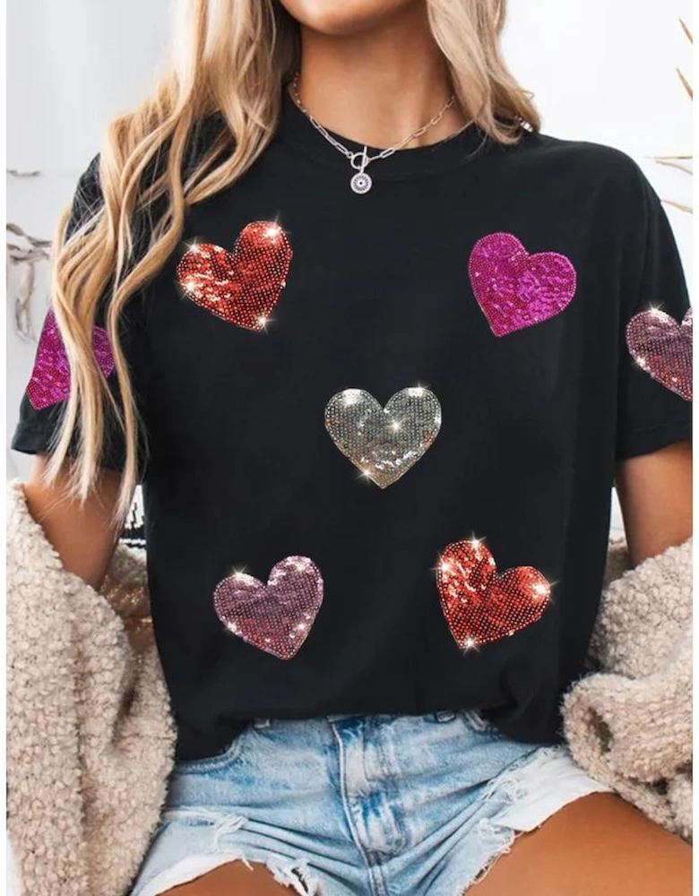 Black Sequin Heart Patched Pattern Crewneck Valentines Tee