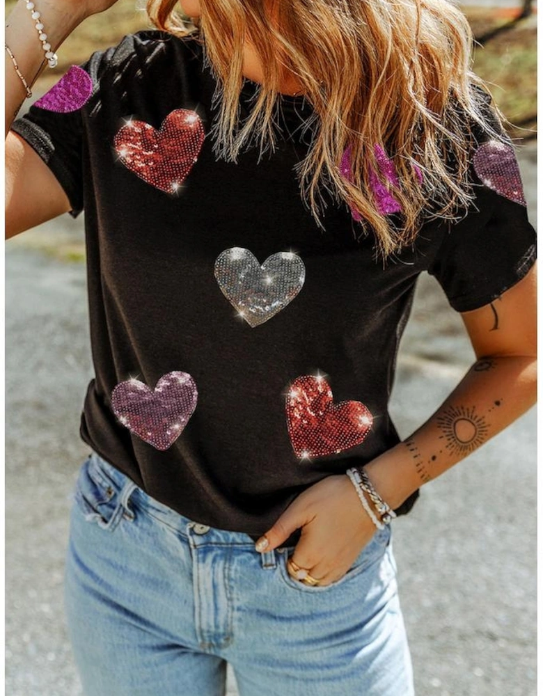 Black Sequin Heart Patched Pattern Crewneck Valentines Tee