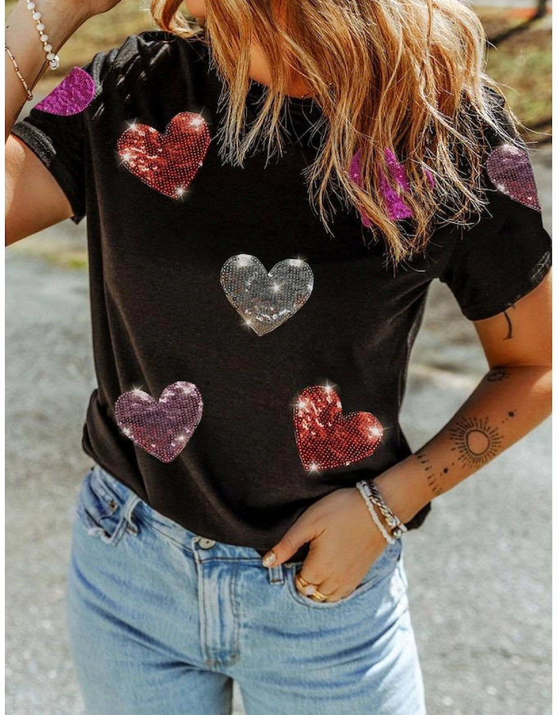 Black Sequin Heart Patched Pattern Crewneck Valentines Tee, 8 of 7