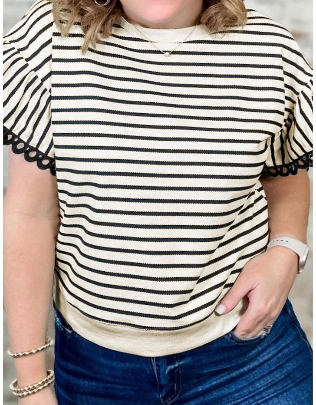 Black Stripe Eyelet Trimmed Ruffled Short Sleeve Plus Size Top