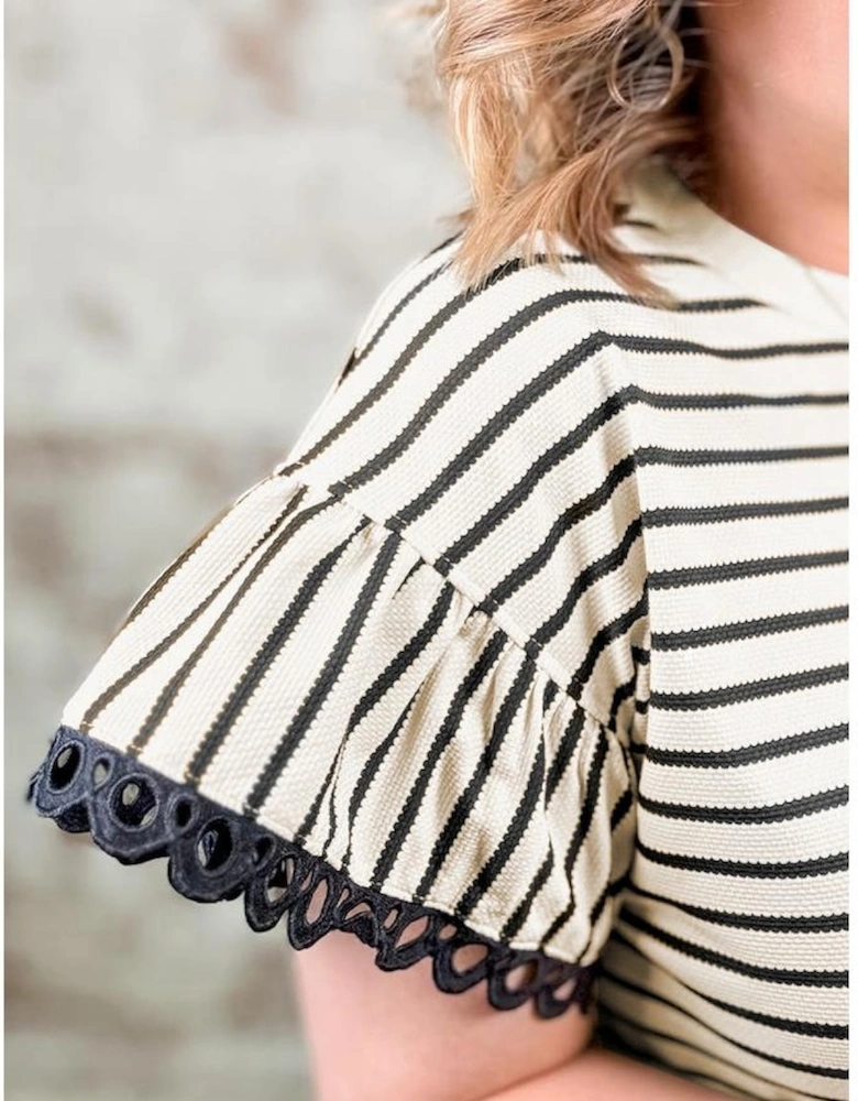Black Stripe Eyelet Trimmed Ruffled Short Sleeve Plus Size Top