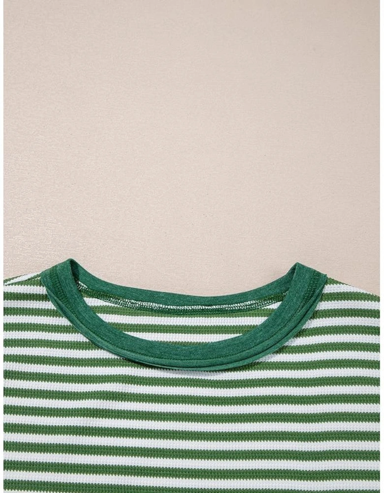 Green Stripe Thermal Knit Drop Shoulder Casual Top