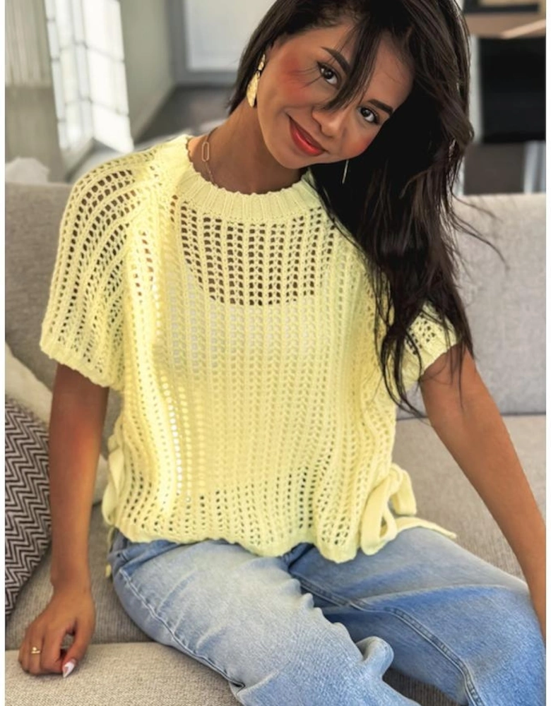 Yellow Cream Hollow-out Crochet Side Tied Short Sleeve Sweater