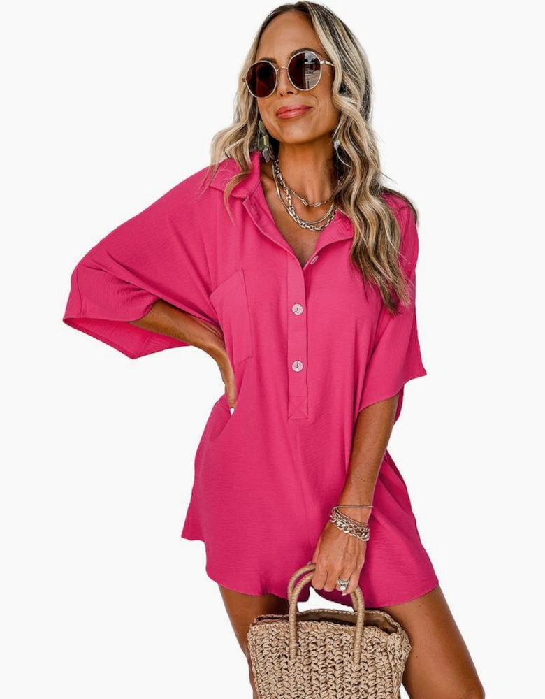 Bright Pink Half Button Collared Loose Romper