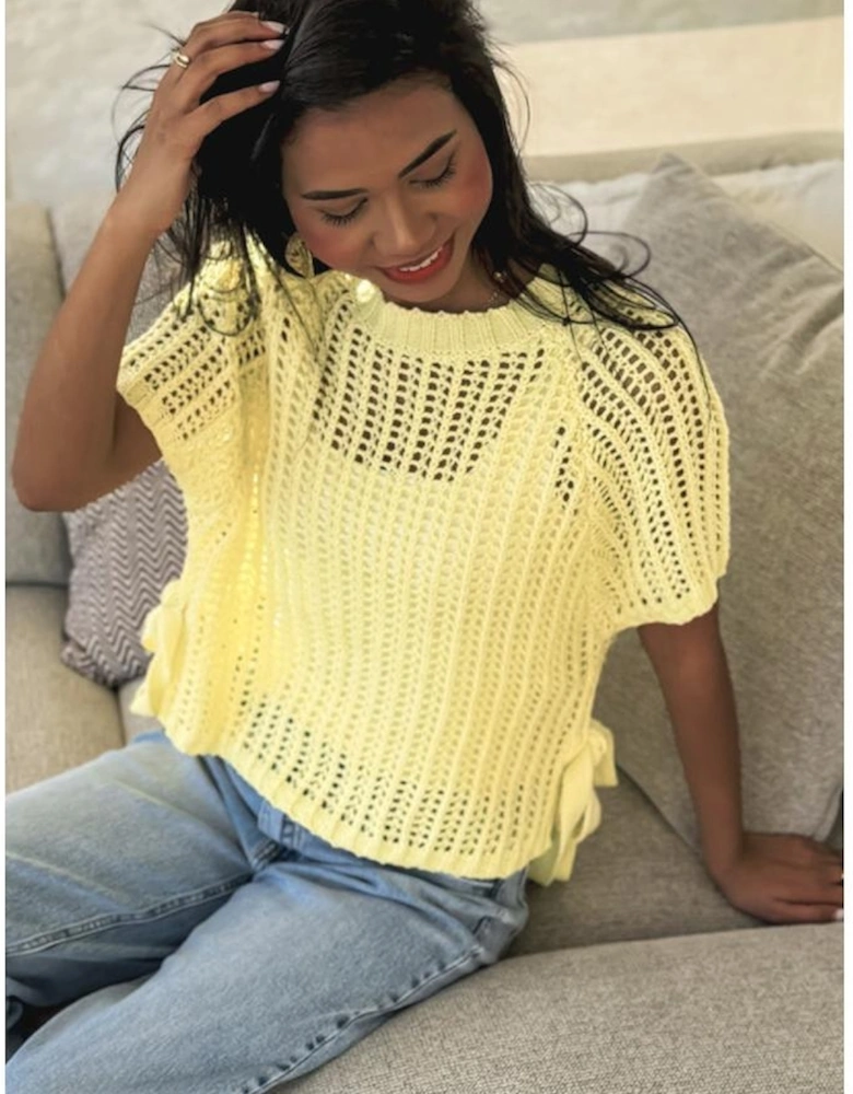 Yellow Cream Hollow-out Crochet Side Tied Short Sleeve Sweater