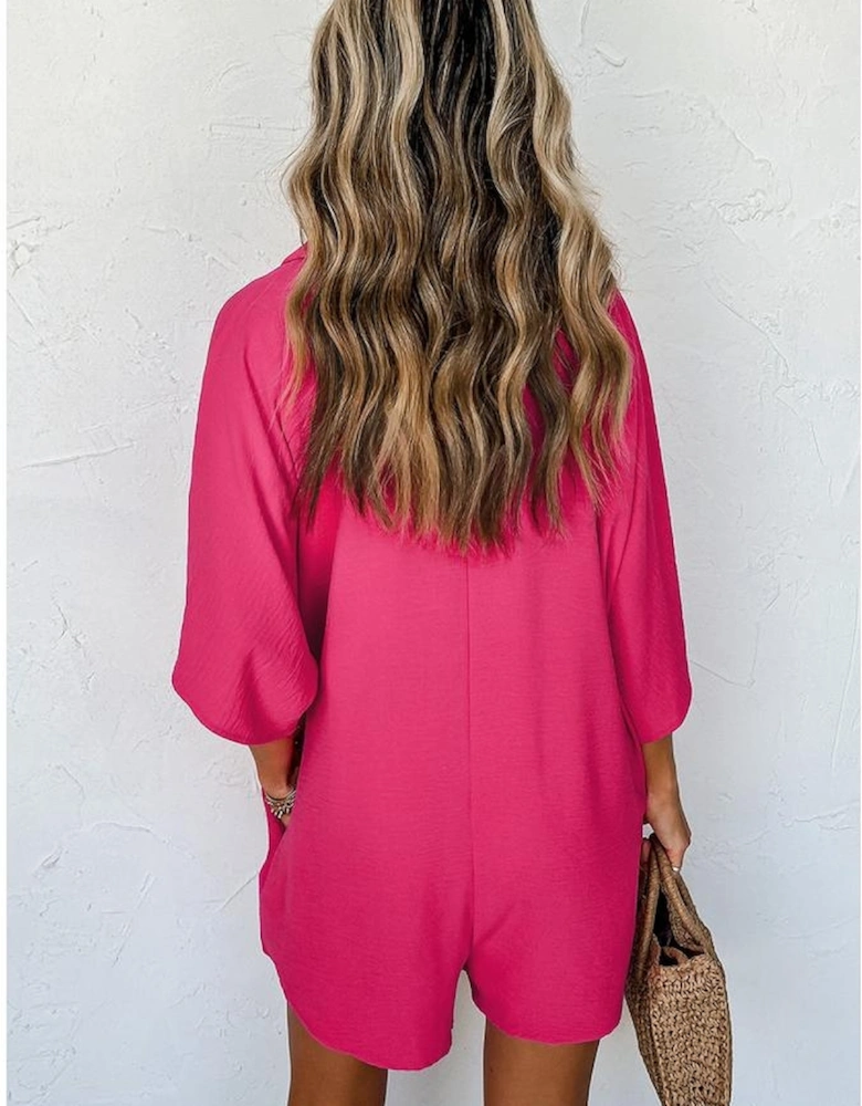 Bright Pink Half Button Collared Loose Romper
