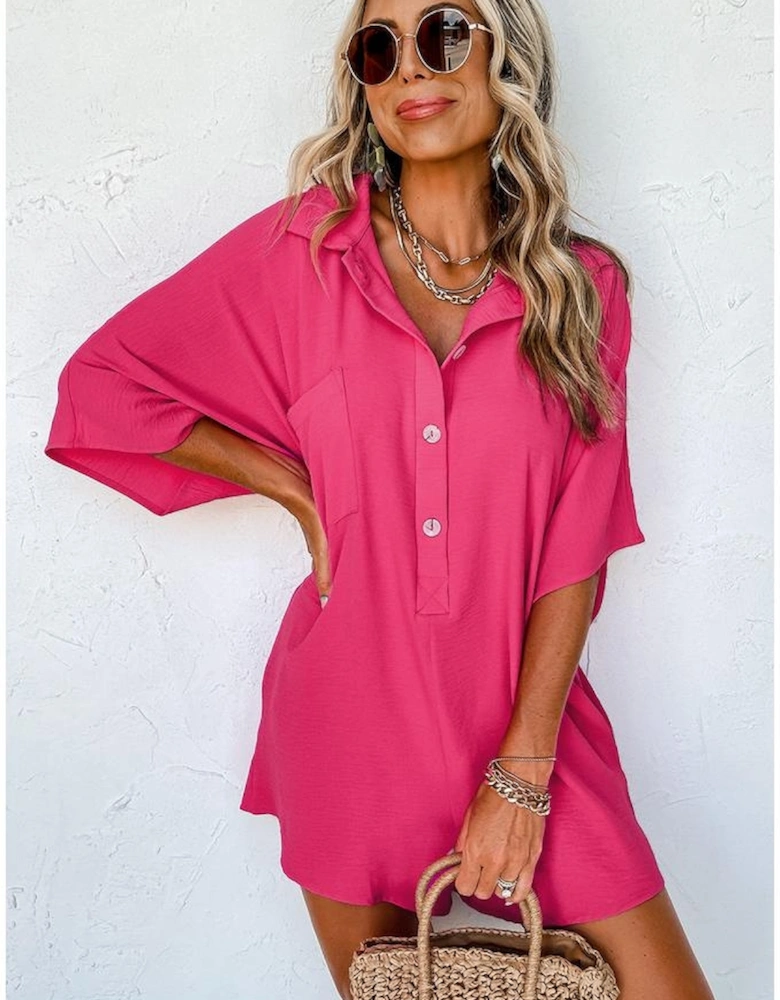 Bright Pink Half Button Collared Loose Romper