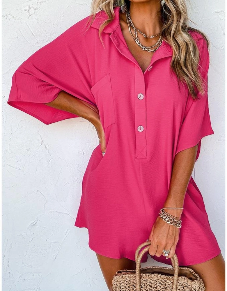Bright Pink Half Button Collared Loose Romper