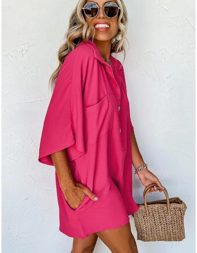 Bright Pink Half Button Collared Loose Romper