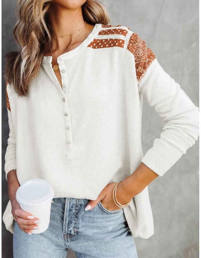 White Contrast Crochet Lace Henley Top