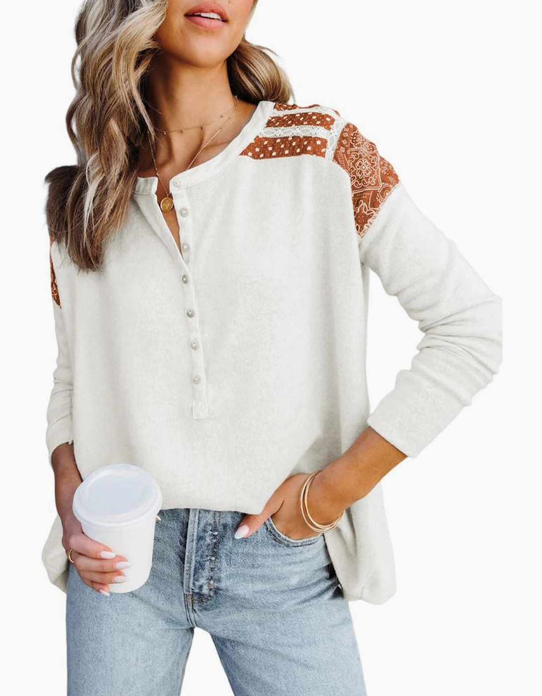 White Contrast Crochet Lace Henley Top