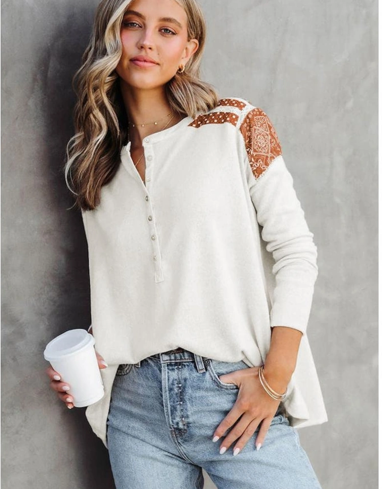 White Contrast Crochet Lace Henley Top