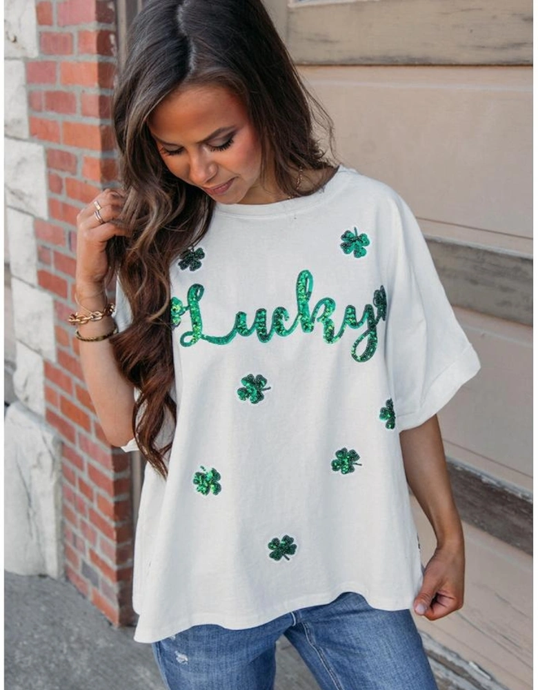 White St Patrick Lucky Clover Sequin Graphic T Shirt