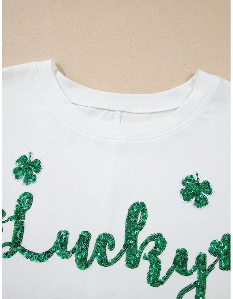 White St Patrick Lucky Clover Sequin Graphic T Shirt