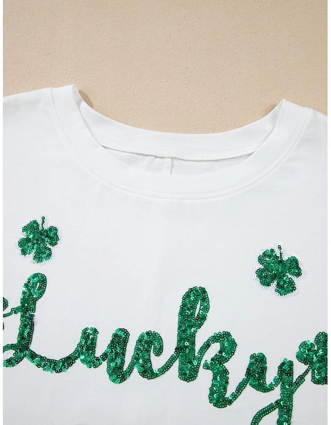 White St Patrick Lucky Clover Sequin Graphic T Shirt